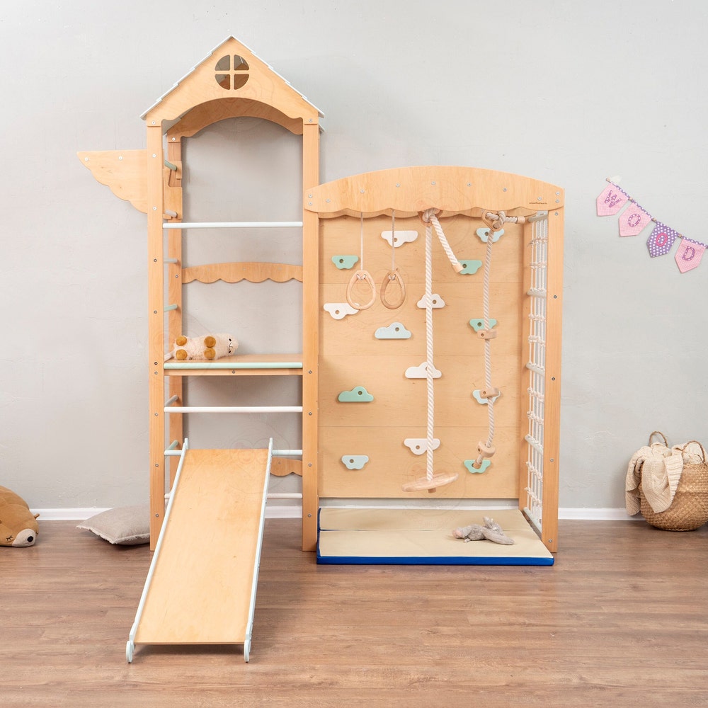 88x70" Nursery Mobile Indoor Playground Montessori Tower with Soft Playmat, Big Baby Slide, Swing, Gymnastics Rings & Waldorf Rope Lernturm