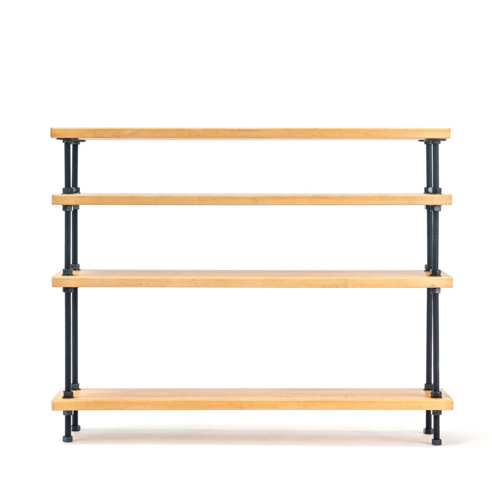 Reclaimed Wood Console Table With Shelves And Threaded Rod Frame For Entryway Or Living Room