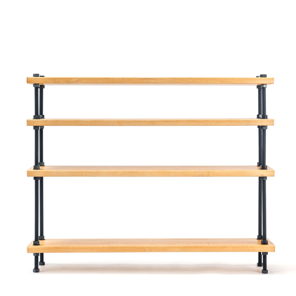 Reclaimed Wood Console Table With Shelves And Threaded Rod Frame For Entryway Or Living Room