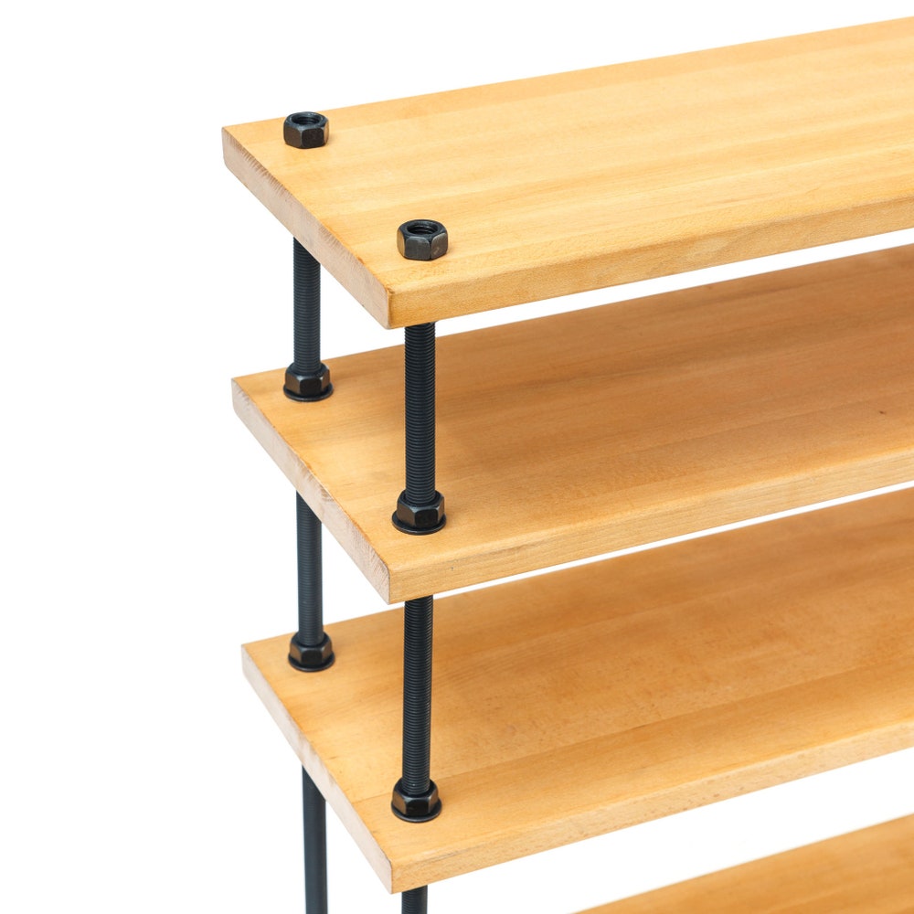 Reclaimed Wood Console Table With Shelves And Threaded Rod Frame For Entryway Or Living Room
