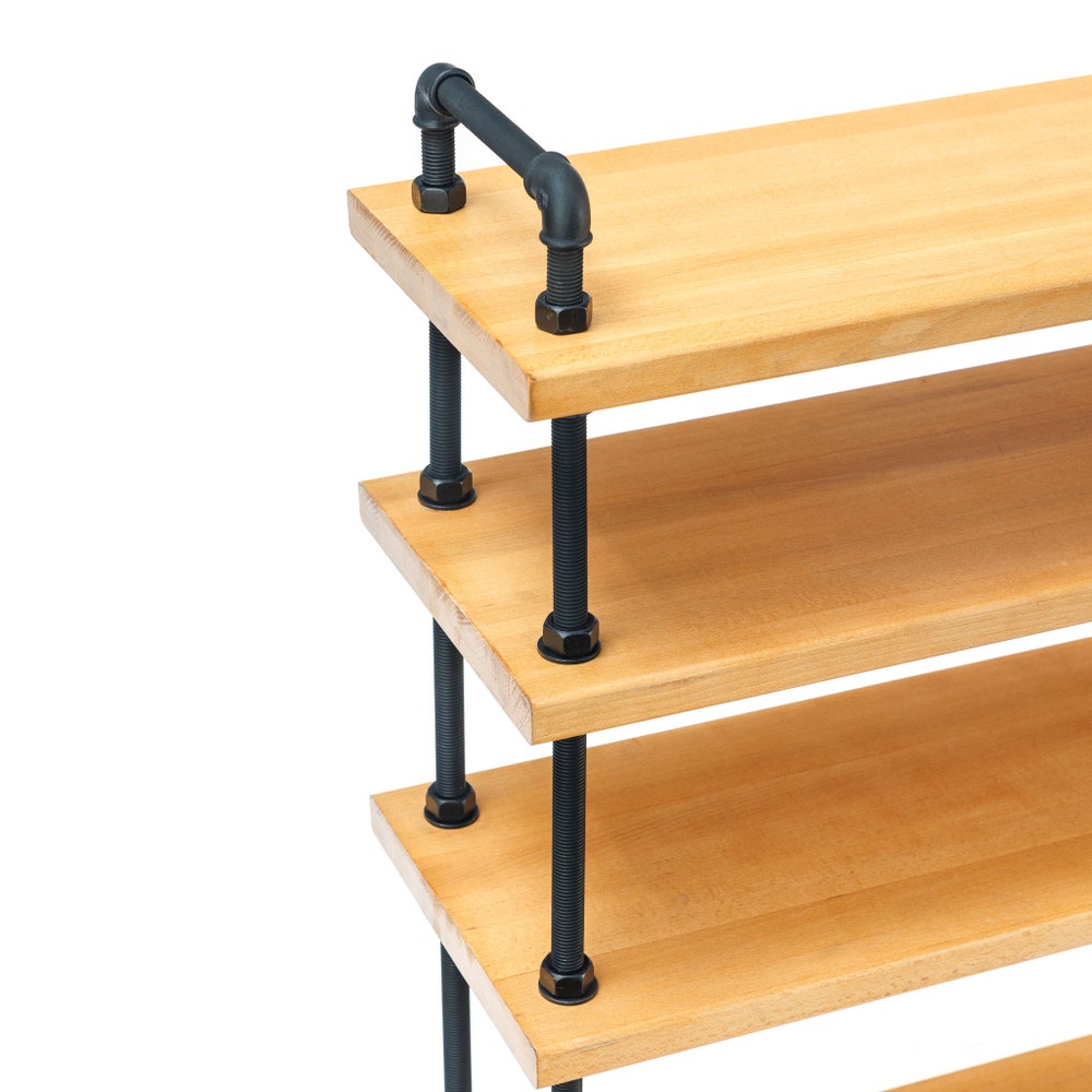 Reclaimed Wood Console Table With Shelves And Threaded Rod Frame For Entryway Or Living Room