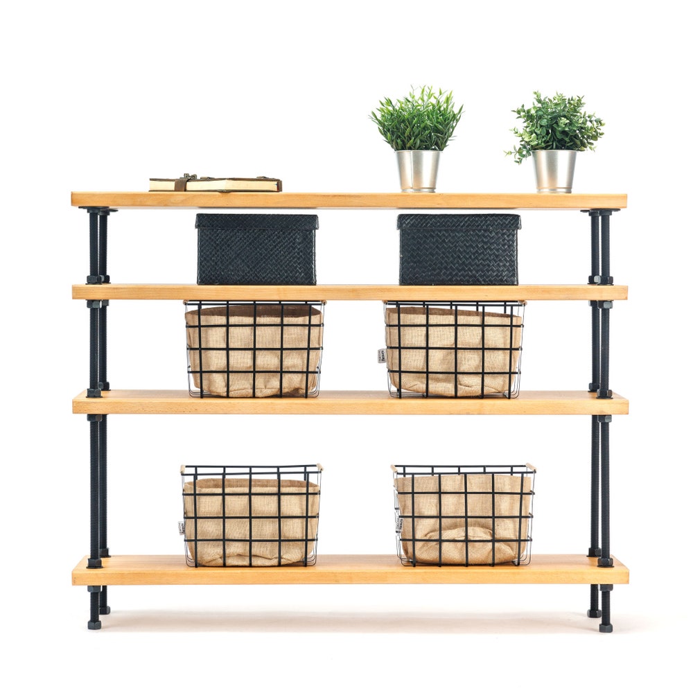 Reclaimed Wood Console Table With Shelves And Threaded Rod Frame For Entryway Or Living Room