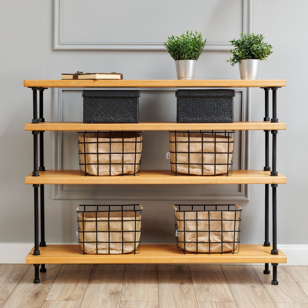 Reclaimed Wood Console Table With Shelves And Threaded Rod Frame For Entryway Or Living Room