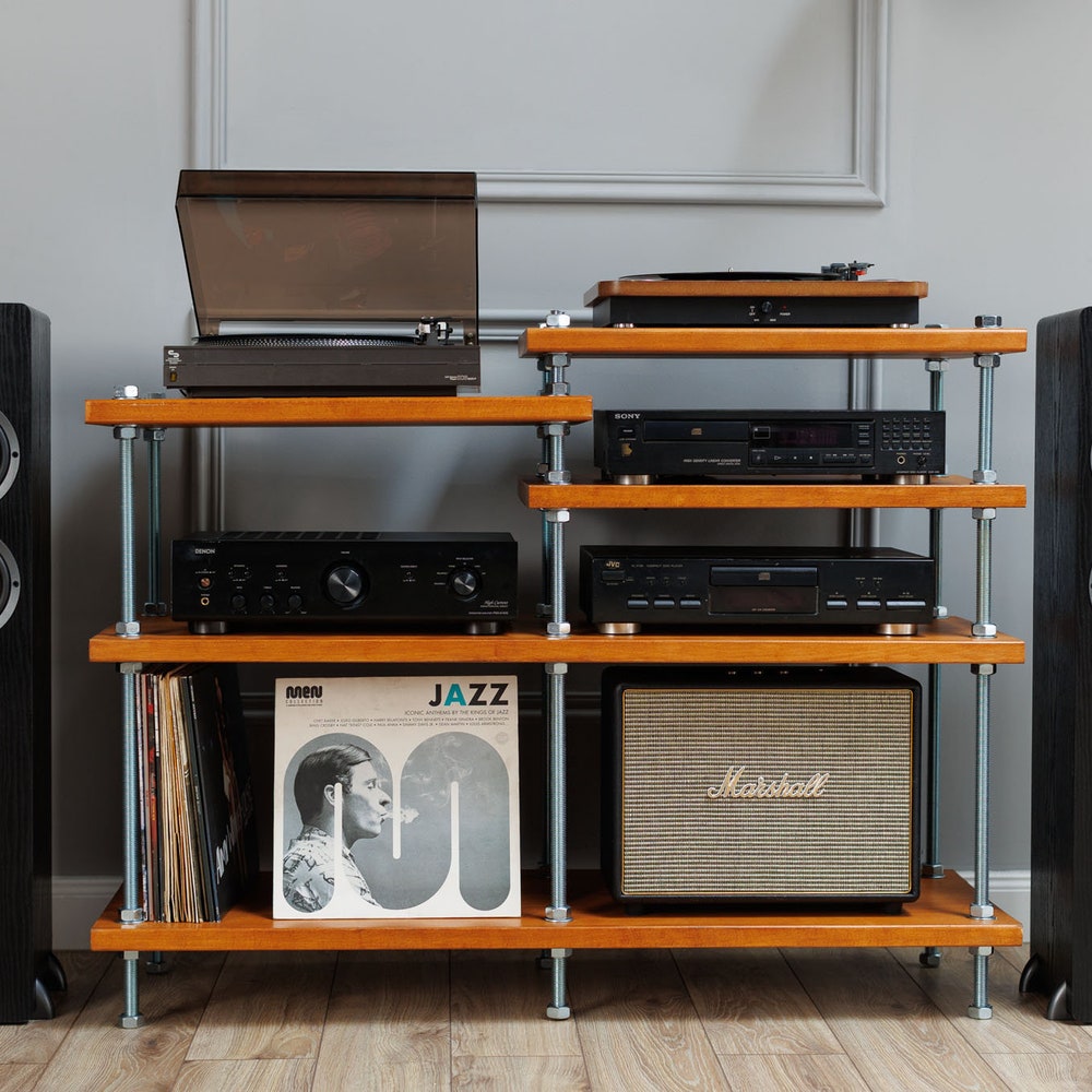 2 in 1  Rack,  Turntable Stand, Wood Furniture, Handmade Record Player Stand, Industrial Vinyl Table, Media Hifi TV Unit