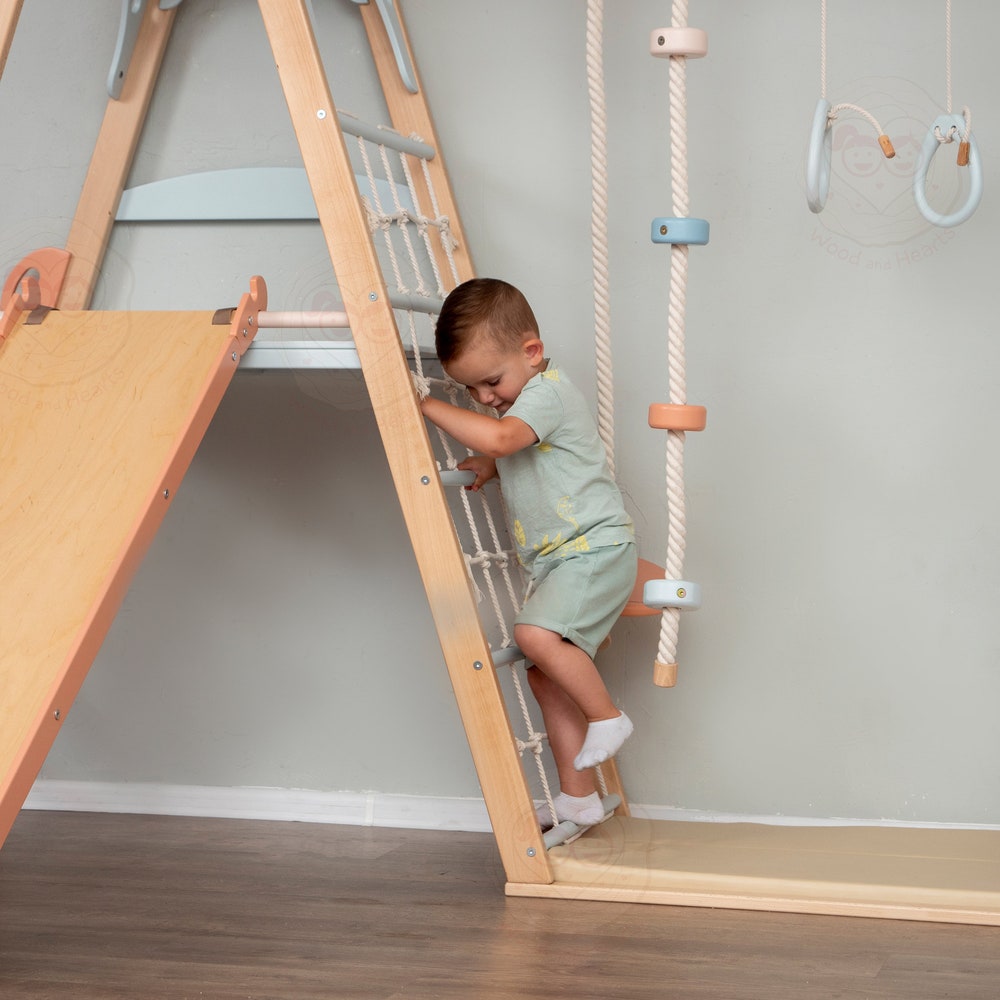 78x90" Up to 8 Years Circle Teepee Montessori Climber Toddler Tower with 2-Sided Wobble Board, Waldorf Rope Accessories & 2 Optional Playmat