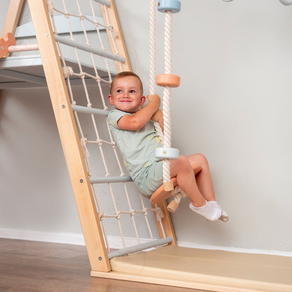 78x90" Up to 8 Years Circle Teepee Montessori Climber Toddler Tower with 2-Sided Wobble Board, Waldorf Rope Accessories & 2 Optional Playmat