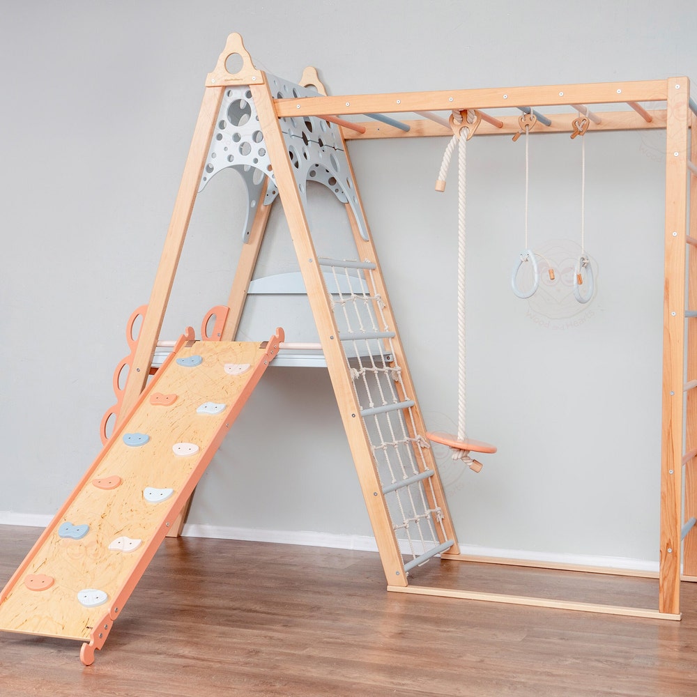 78x90" Up to 8 Years Circle Teepee Montessori Climber Toddler Tower with 2-Sided Wobble Board, Waldorf Rope Accessories & 2 Optional Playmat