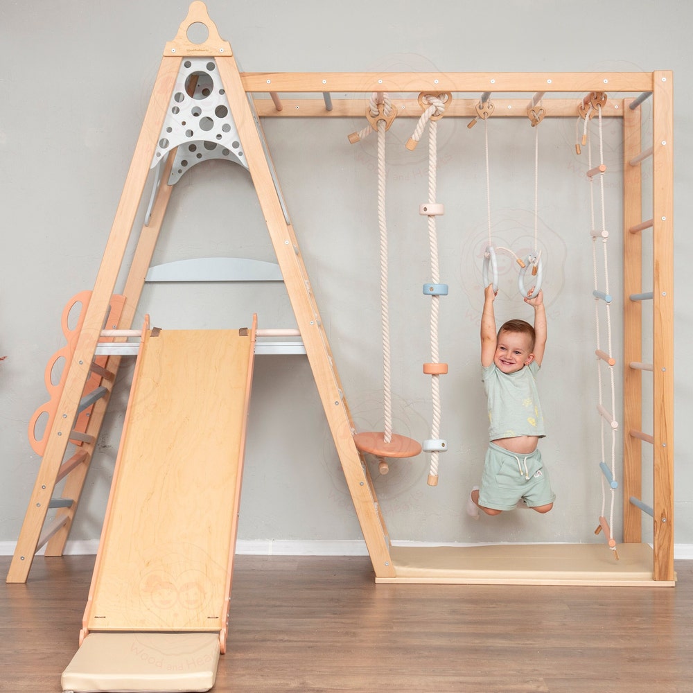 78x90" Up to 8 Years Circle Teepee Montessori Climber Toddler Tower with 2-Sided Wobble Board, Waldorf Rope Accessories & 2 Optional Playmat