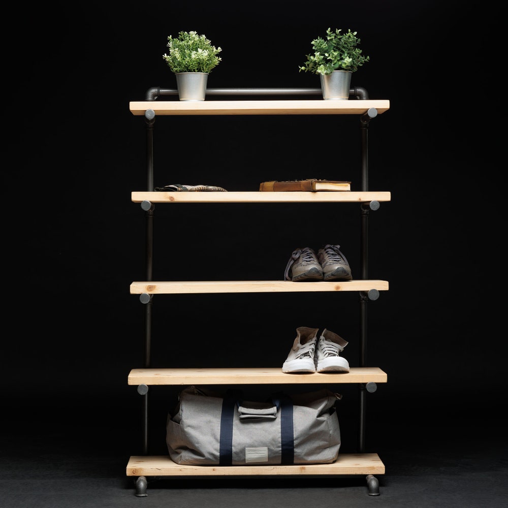 Industrial Shoe Rack Organizer With Five Shelves, Handmade Entryway Storage Bench For Shoes And Bags