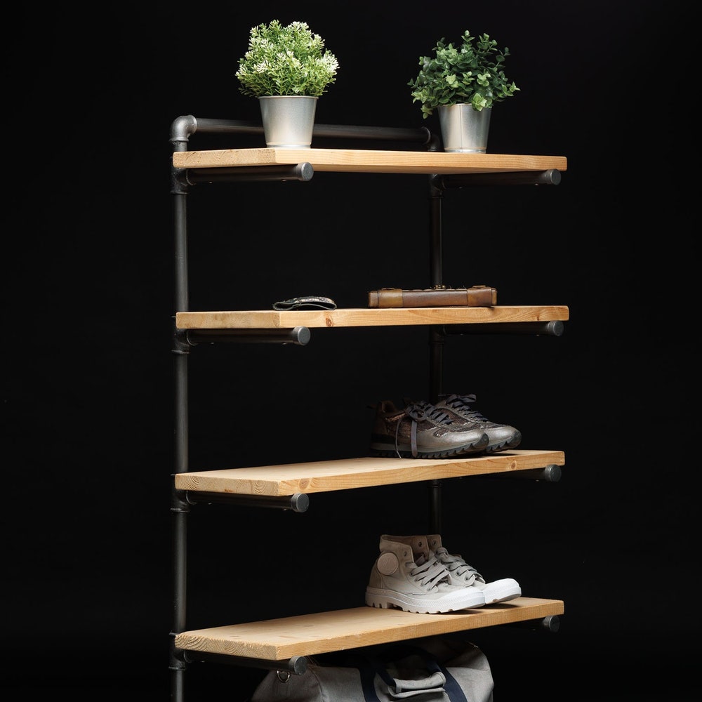 Industrial Shoe Rack Organizer With Five Shelves, Handmade Entryway Storage Bench For Shoes And Bags