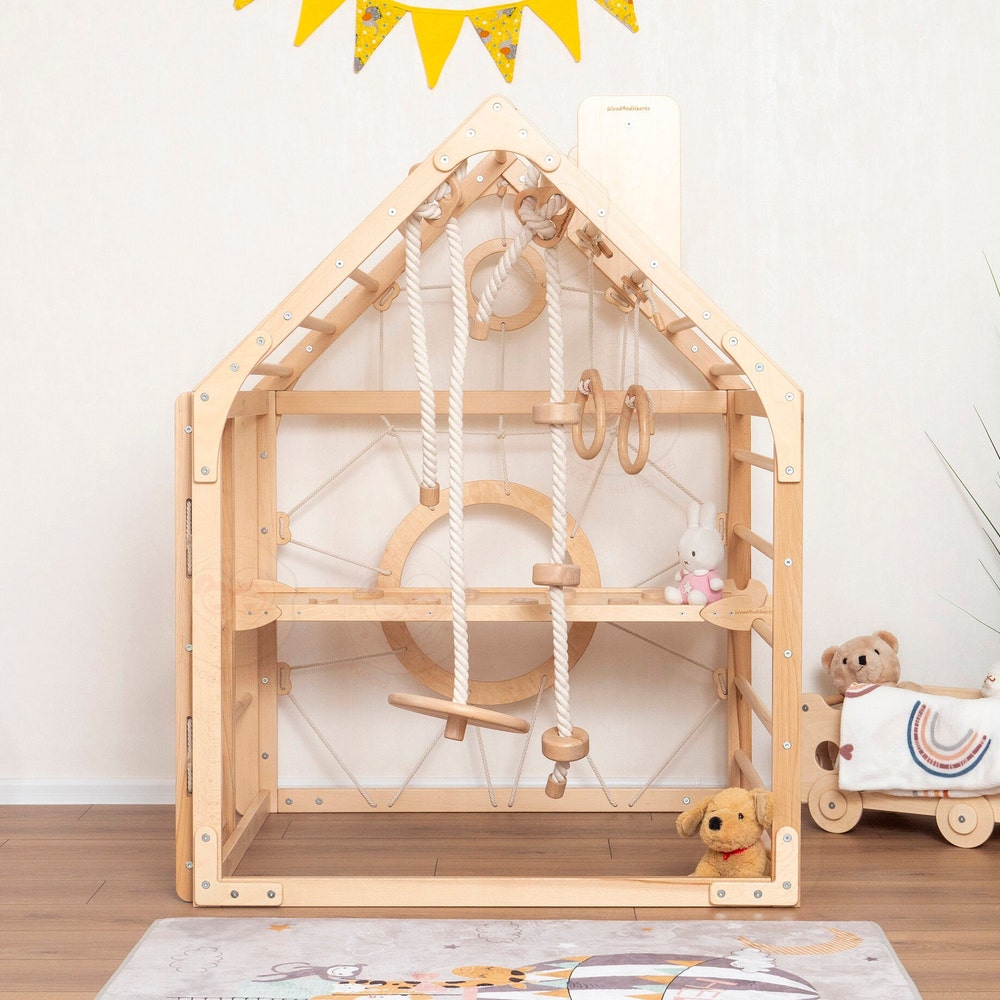 56x43" Up to 6 Nursery Mobile Toddler Climbing Gym with Rock Climbing Ramp & Optional Waldorf Rope Accessories or Soft Playmat Gift for Kids