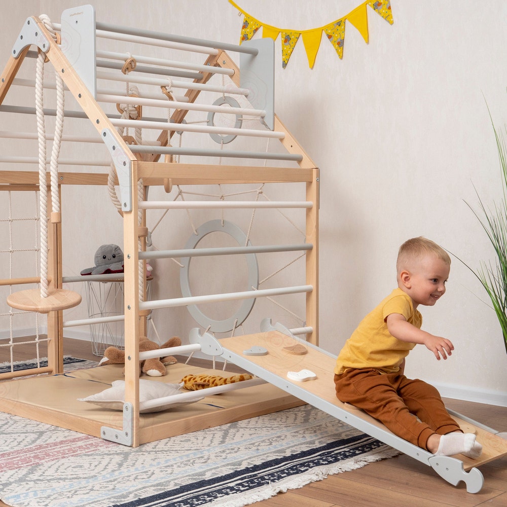 56x43" Up to 6 Nursery Mobile Toddler Climbing Gym with Rock Climbing Ramp & Optional Waldorf Rope Accessories or Soft Playmat Gift for Kids