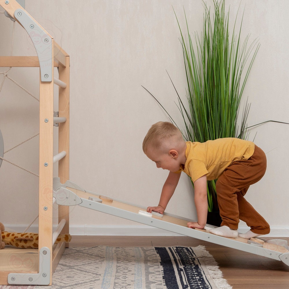 56x43" Up to 6 Nursery Mobile Toddler Climbing Gym with Rock Climbing Ramp & Optional Waldorf Rope Accessories or Soft Playmat Gift for Kids