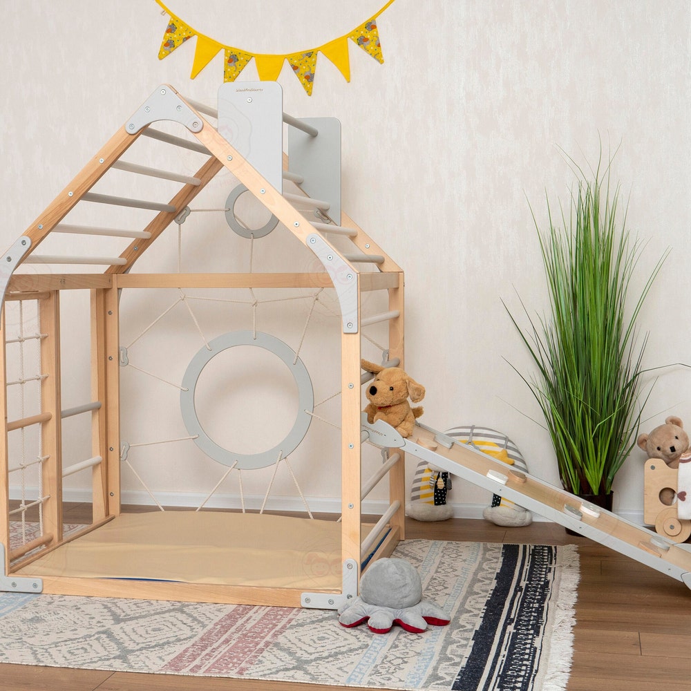 56x43" Up to 6 Nursery Mobile Toddler Climbing Gym with Rock Climbing Ramp & Optional Waldorf Rope Accessories or Soft Playmat Gift for Kids