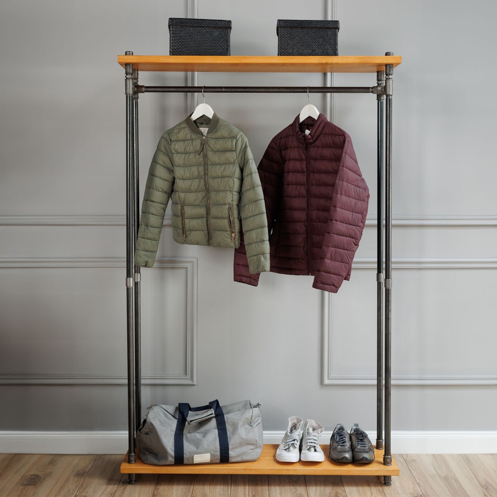 Floating Shelf and Clothing Bar, Retail Fixture, Rustic Industrial 36" Wood with Pipe Rack, Garment Rack, Industrial Floating Shelves