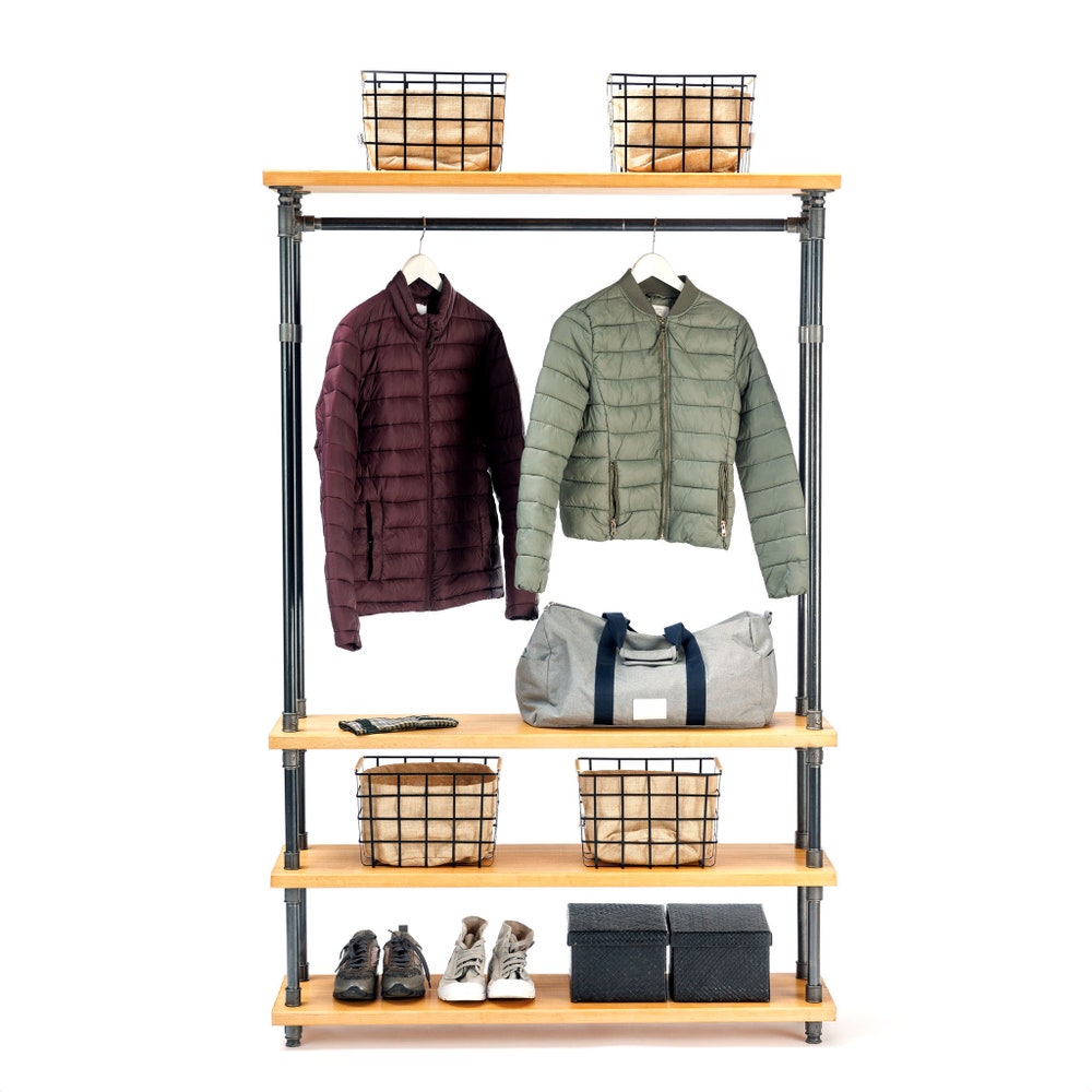 Rustic Industrial Garment Rack With Floating Wood Shelves And Pipe Frame
