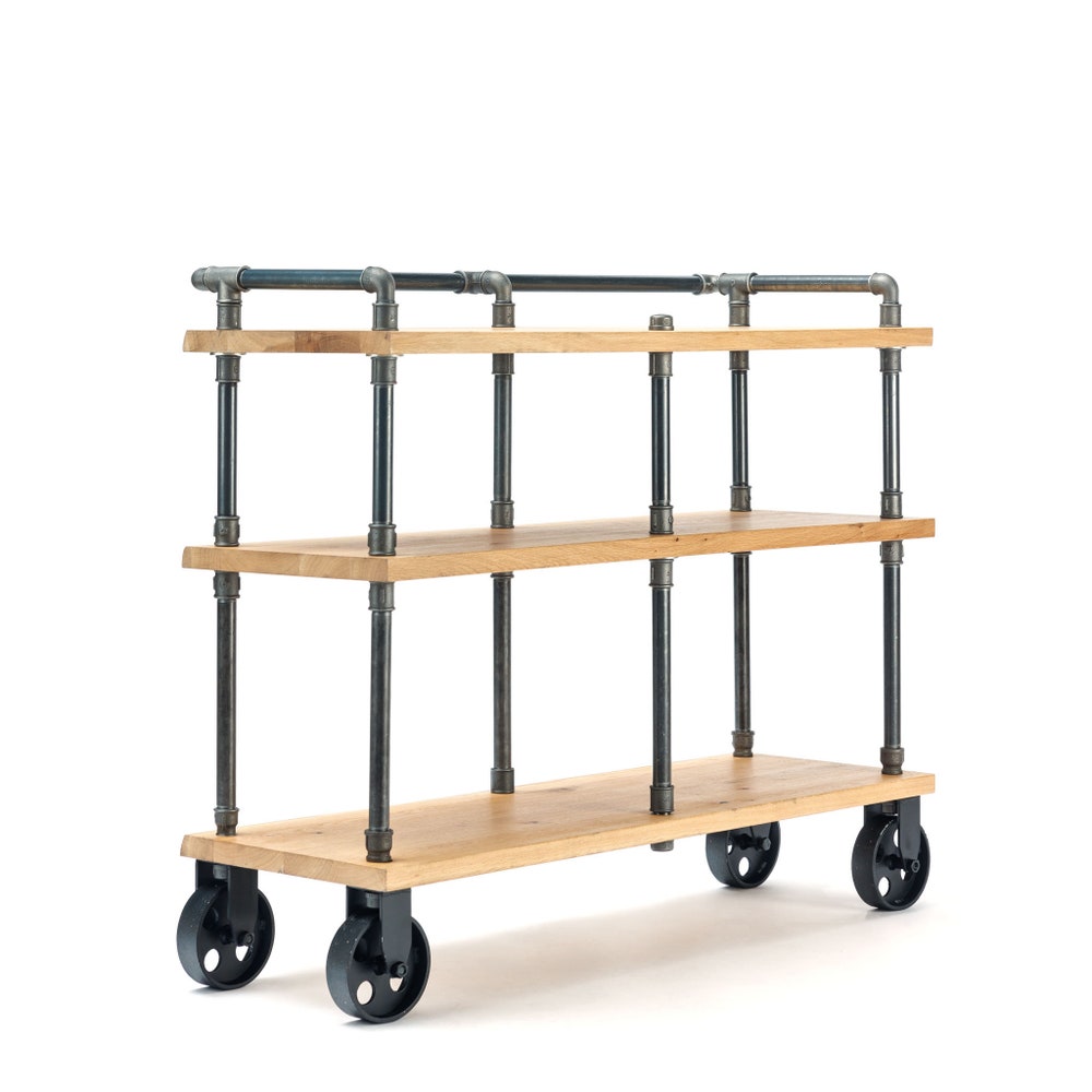 Industrial Oak Wood Kitchen Cart With Pipe Frame And Three Tier Storage Shelves