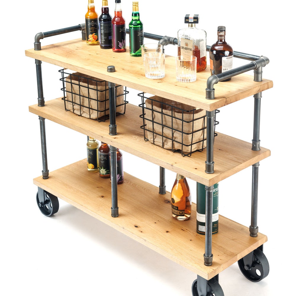 Industrial Oak Wood Kitchen Cart With Pipe Frame And Three Tier Storage Shelves