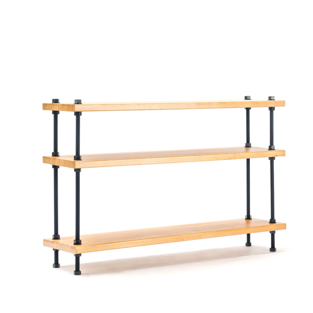 Industrial Wood And Metal TV Stand With Three Tier Storage Shelves