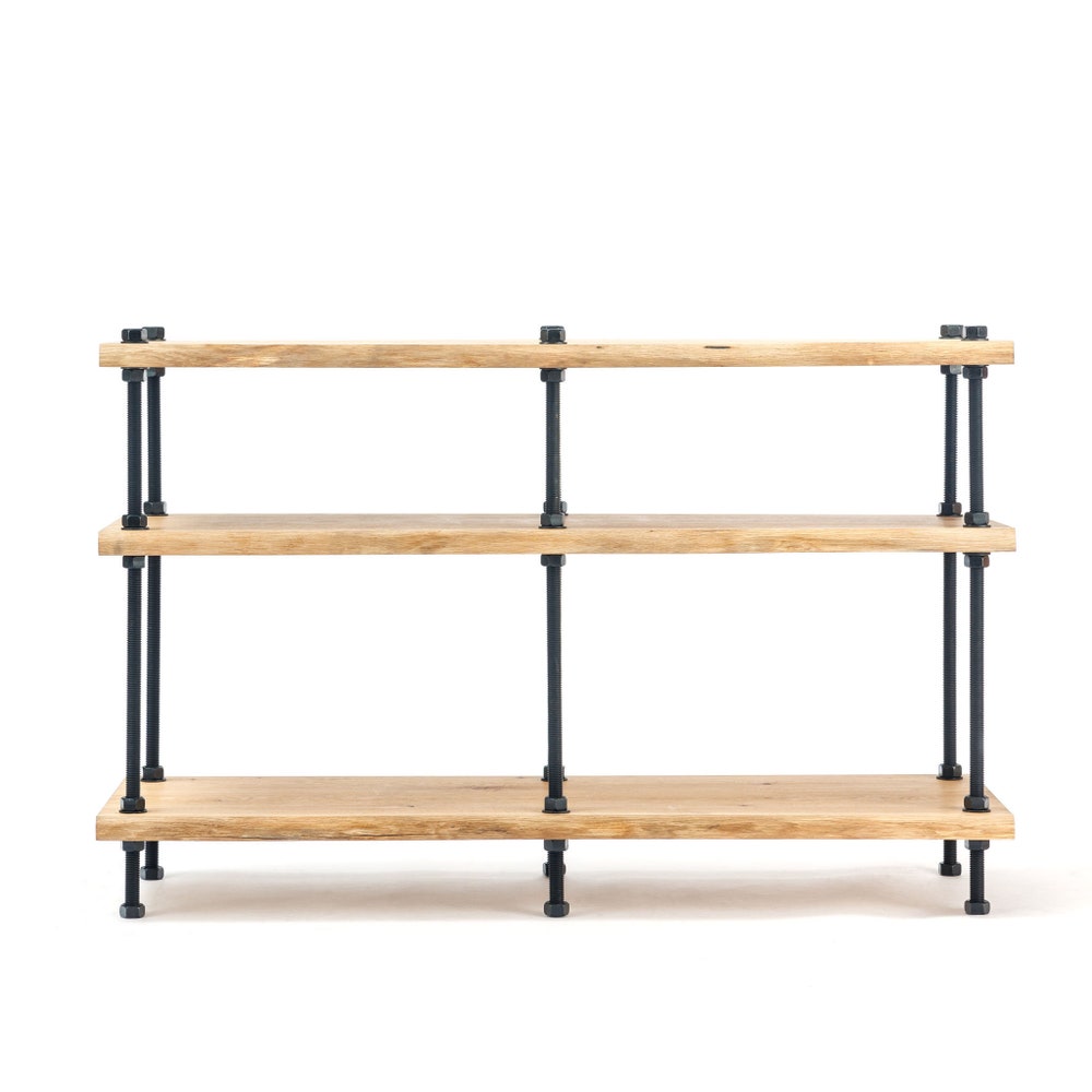 Oak Wood Industrial TV Stand With Pipe Frame And Three Tier Media Shelves