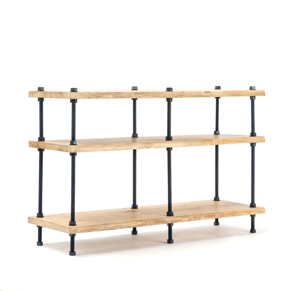 Oak Wood Industrial TV Stand With Pipe Frame And Three Tier Media Shelves