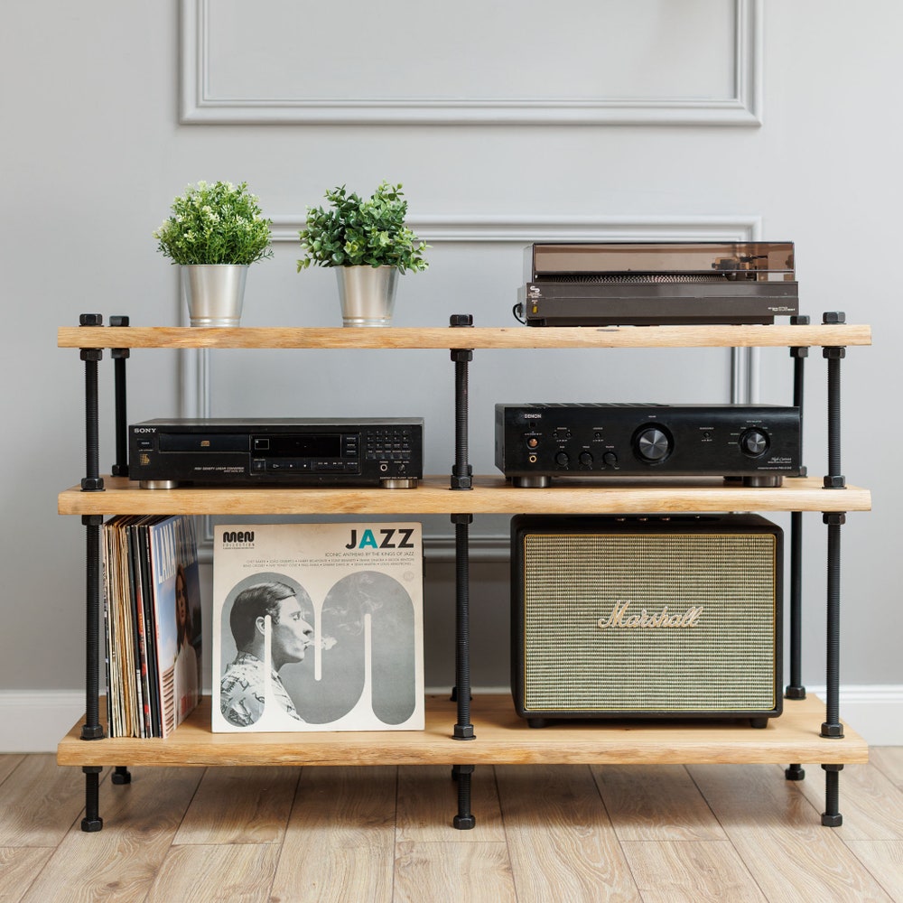 Oak Wood Industrial TV Stand With Pipe Frame And Three Tier Media Shelves