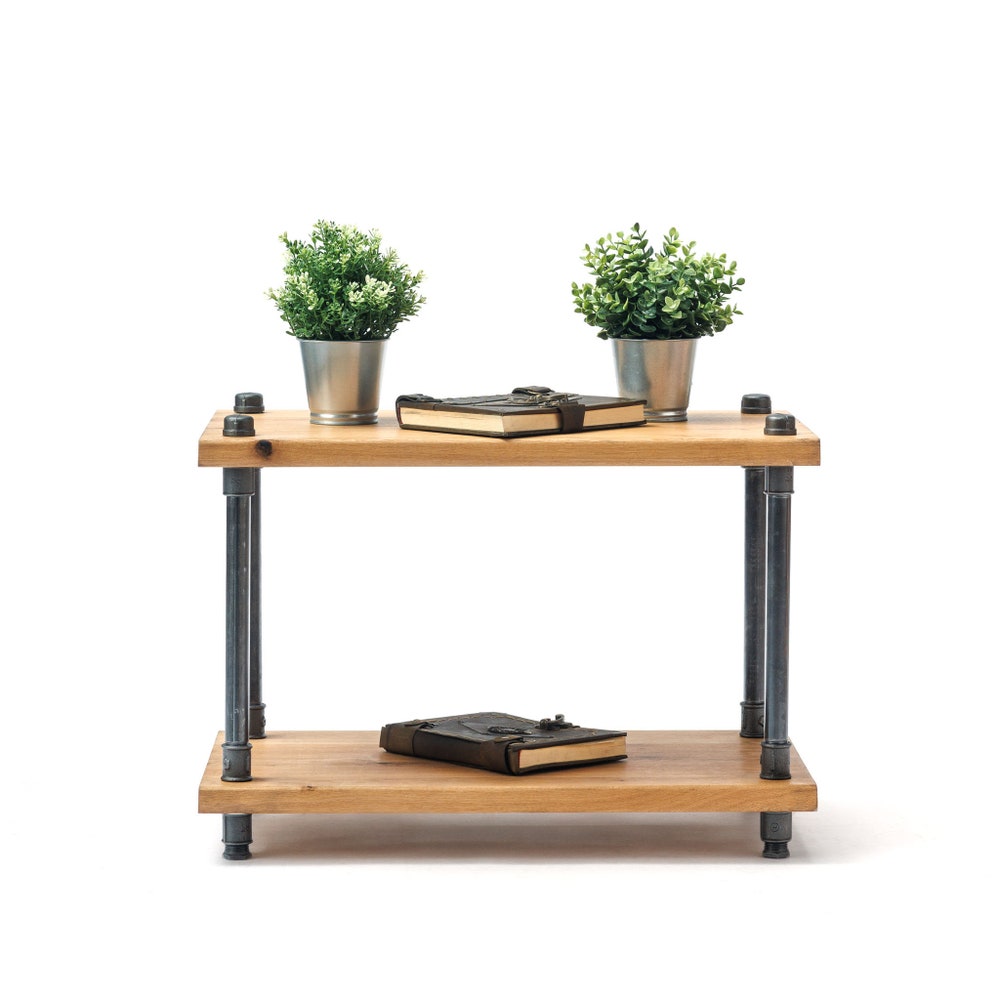 Oak Wood Industrial Pipe End Table With Two Tier Reclaimed Shelves
