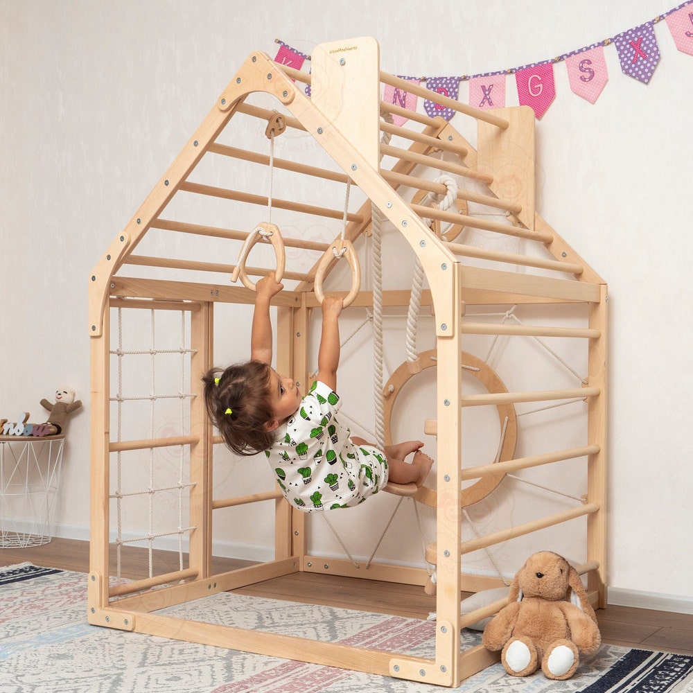 56x43" Up to 6 Years Montessori Climber Playhouse with Waldorf Baby Swing, Gymnastics Rings & Toddler Climber Rope, Handmade Furniture Gift