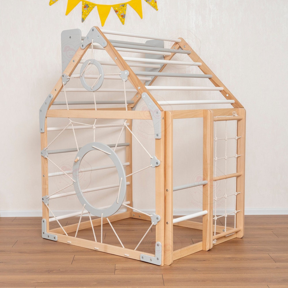 56x43" Up to 6 Years Montessori Climber Playhouse with Waldorf Baby Swing, Gymnastics Rings & Toddler Climber Rope, Handmade Furniture Gift