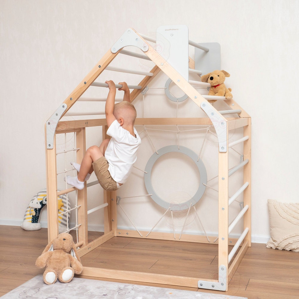 56x43" Up to 6 Years Montessori Climber Playhouse with Waldorf Baby Swing, Gymnastics Rings & Toddler Climber Rope, Handmade Furniture Gift