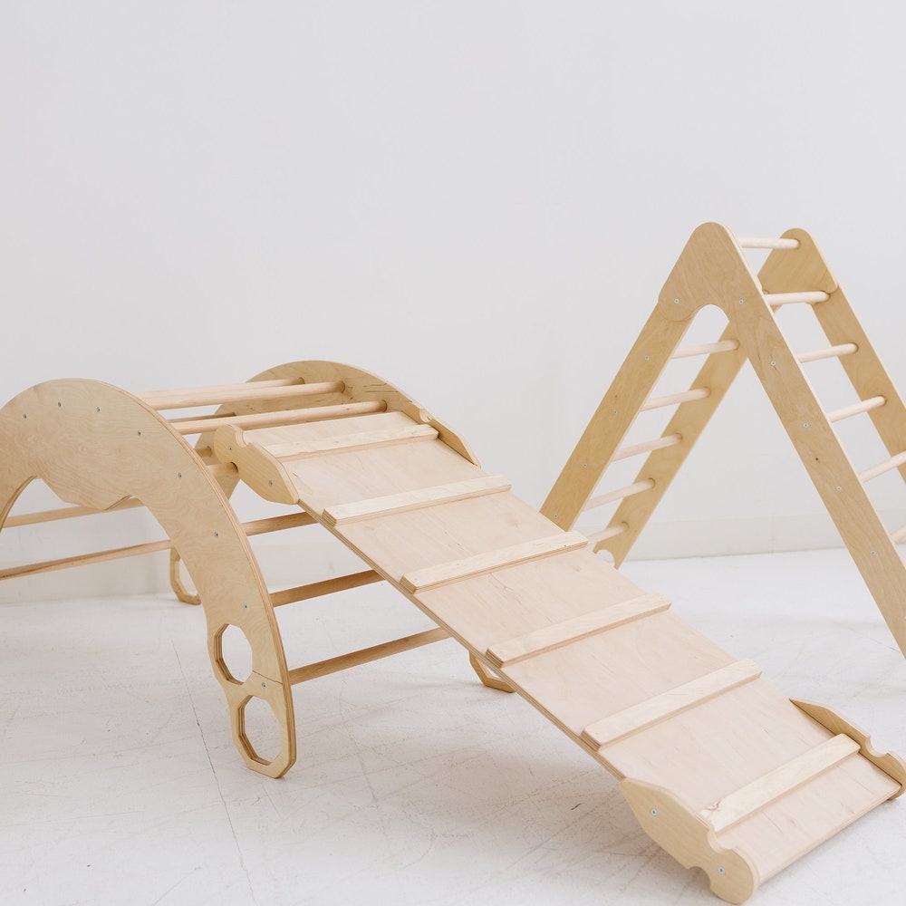 Climbing Set of 3 items with Cushion, Toddler Rocker, Montessori Furniture, Baby Wooden Gym, Arch with pillow, Foldable triangle, 1st Gift
