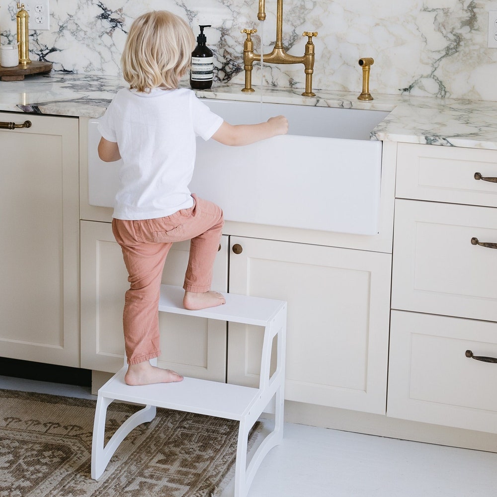 Toddler wooden step stool, Baby learning stool, Two Step stool for Kids and Adults, Kitchen Tower Helper Bathroom stool, White nursery decor