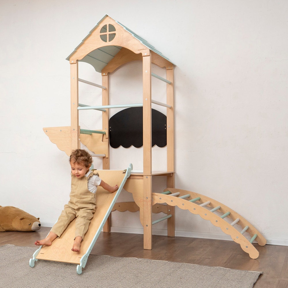 75x71" Mini Montessori Climber Lernturm, Climbing Arch, Gymnastics Bar, Rock Climbing Wobble Board, Chalkboard & Optional Rope Accessories