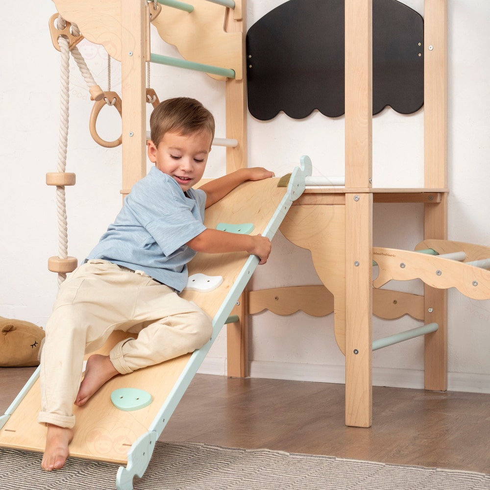 75x71" Mini Montessori Climber Lernturm, Climbing Arch, Gymnastics Bar, Rock Climbing Wobble Board, Chalkboard & Optional Rope Accessories