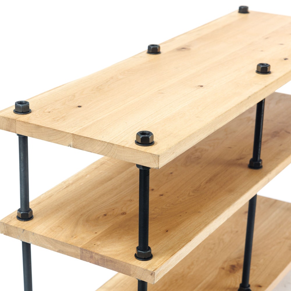 Oak Wood Industrial TV Stand With Pipe Frame And Three Tier Media Shelves