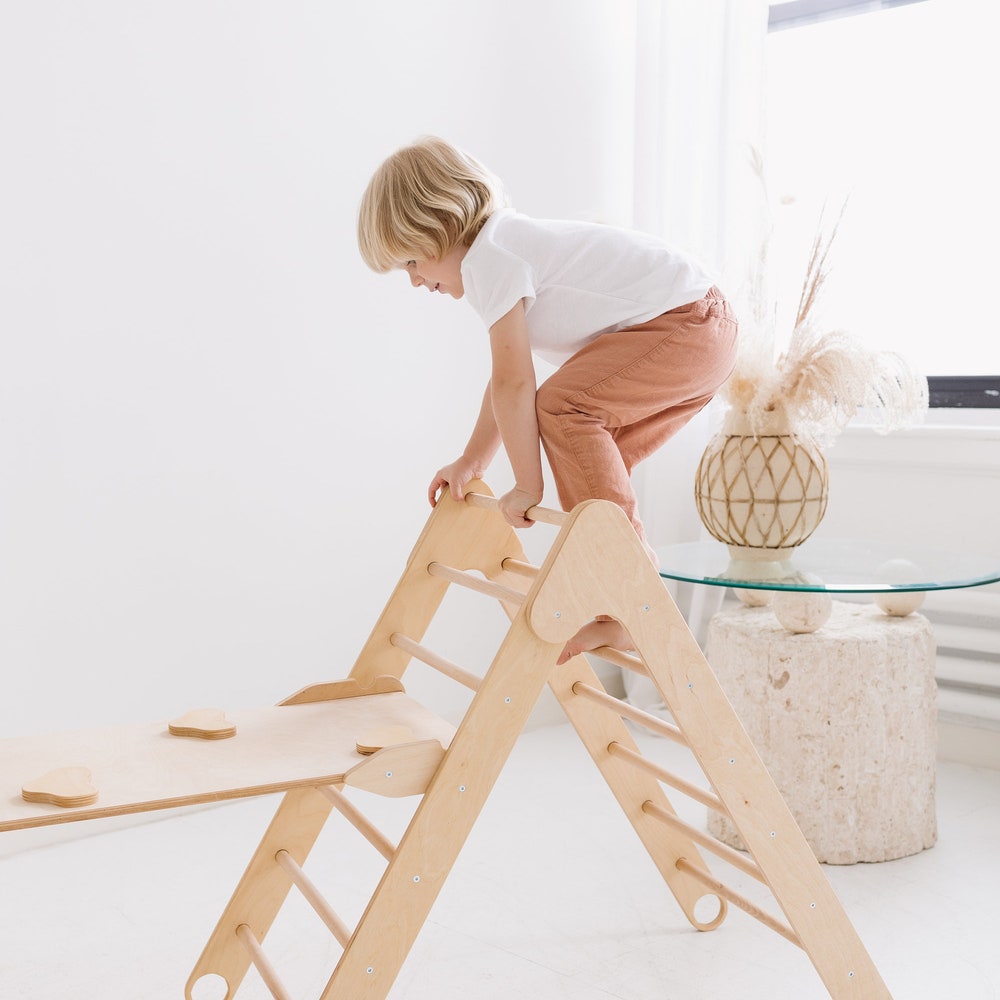 Climbing Set of 3 items with Cushion, Toddler Rocker, Montessori Furniture, Baby Wooden Gym, Arch with pillow, Foldable triangle, 1st Gift