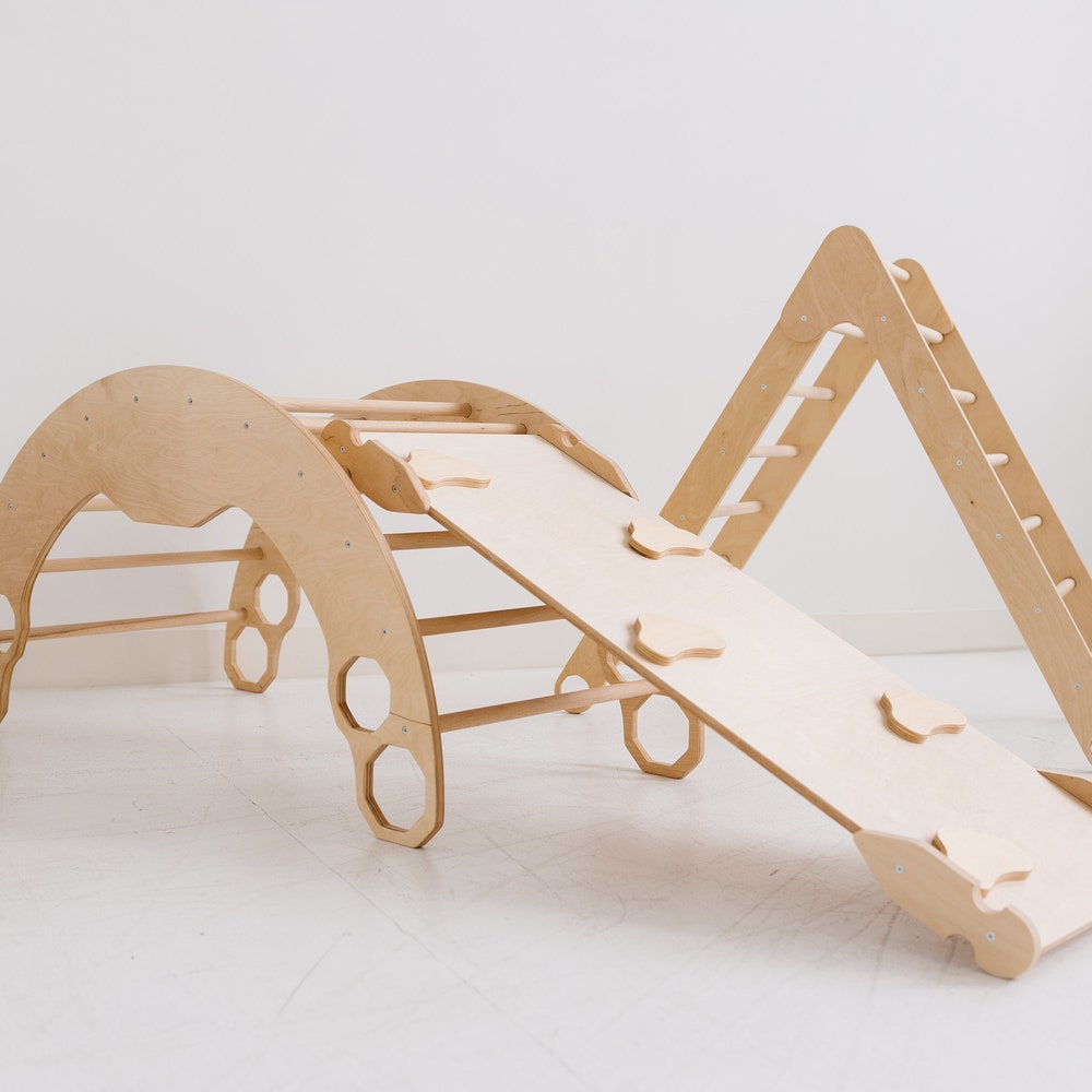 Climbing Set of 3 items with Cushion, Toddler Rocker, Montessori Furniture, Baby Wooden Gym, Arch with pillow, Foldable triangle, 1st Gift
