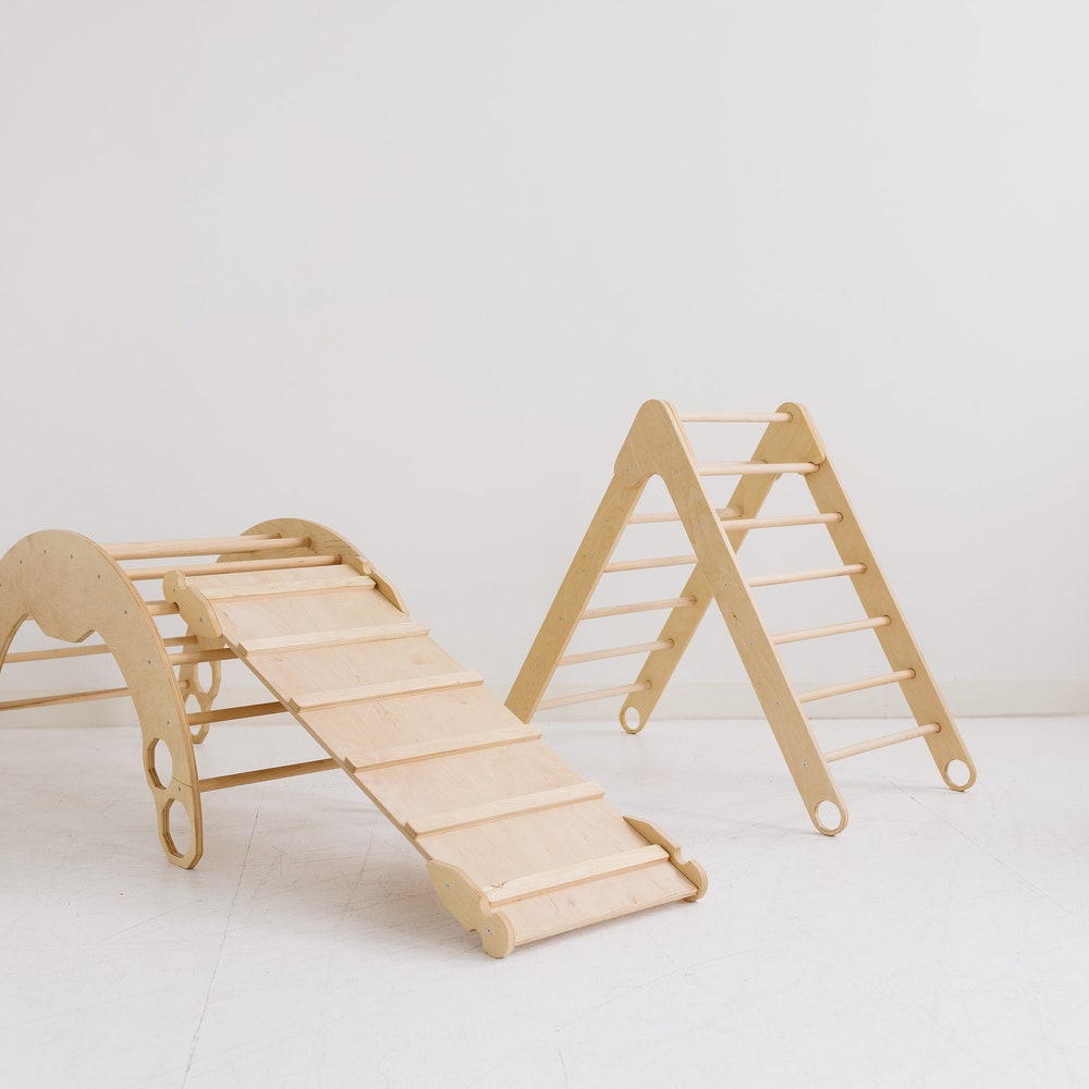 Climbing Set of 3 items with Cushion, Toddler Rocker, Montessori Furniture, Baby Wooden Gym, Arch with pillow, Foldable triangle, 1st Gift