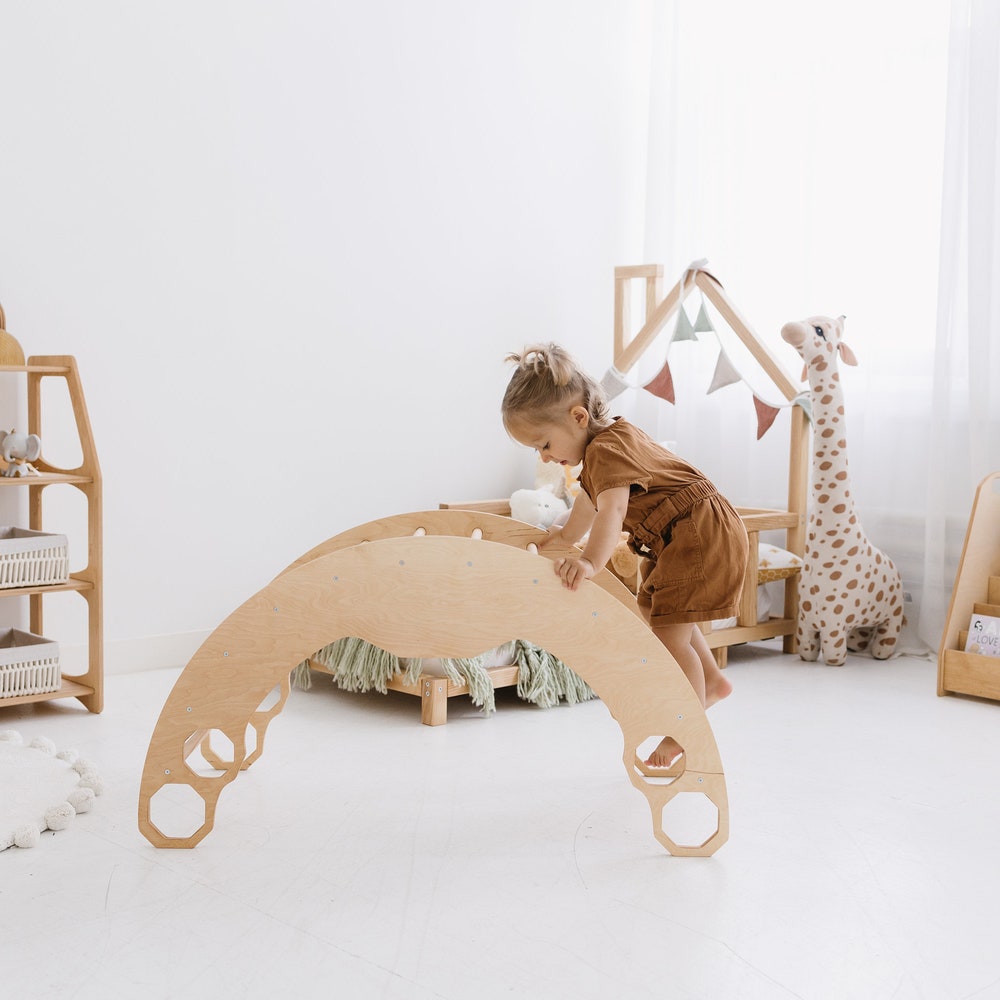Climbing Set of 3 items with Cushion, Toddler Rocker, Montessori Furniture, Baby Wooden Gym, Arch with pillow, Foldable triangle, 1st Gift