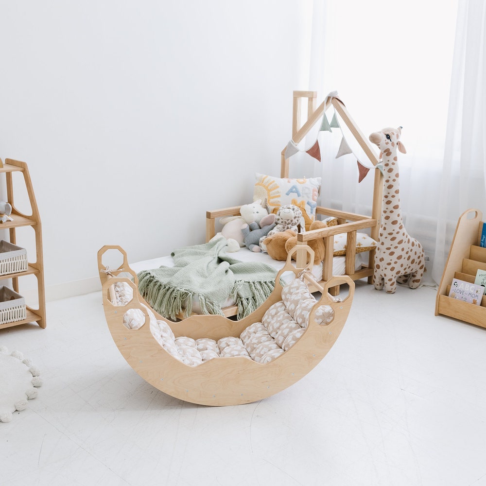 Climbing Set of 3 items with Cushion, Toddler Rocker, Montessori Furniture, Baby Wooden Gym, Arch with pillow, Foldable triangle, 1st Gift