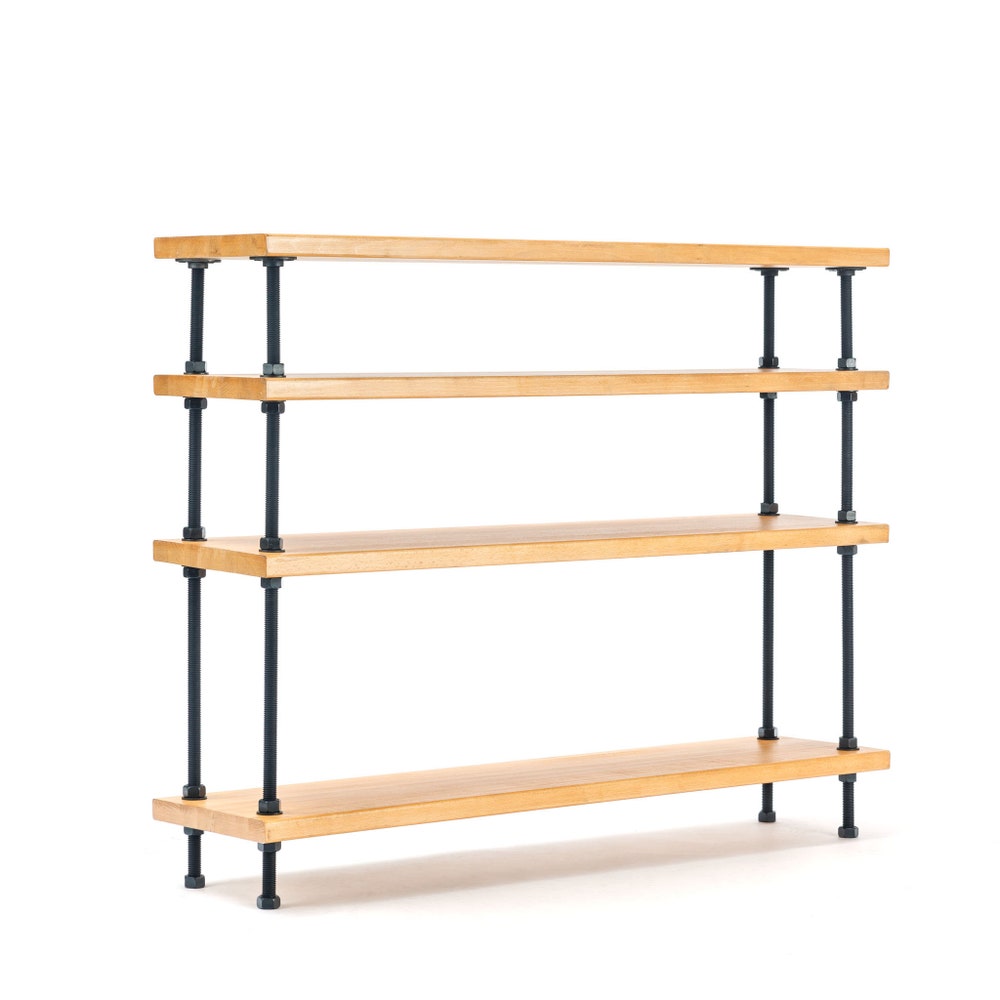 Reclaimed Wood Console Table With Shelves And Threaded Rod Frame For Entryway Or Living Room