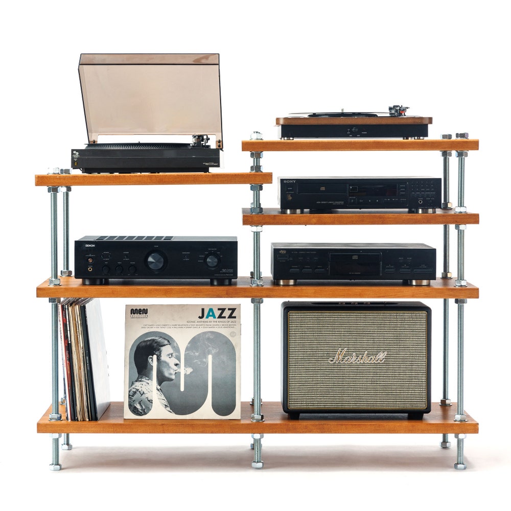 2 in 1  Rack,  Turntable Stand, Wood Furniture, Handmade Record Player Stand, Industrial Vinyl Table, Media Hifi TV Unit