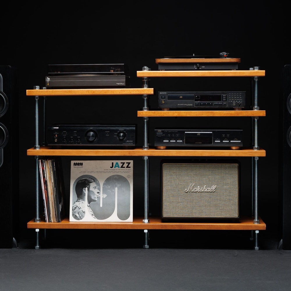 2 in 1  Rack,  Turntable Stand, Wood Furniture, Handmade Record Player Stand, Industrial Vinyl Table, Media Hifi TV Unit