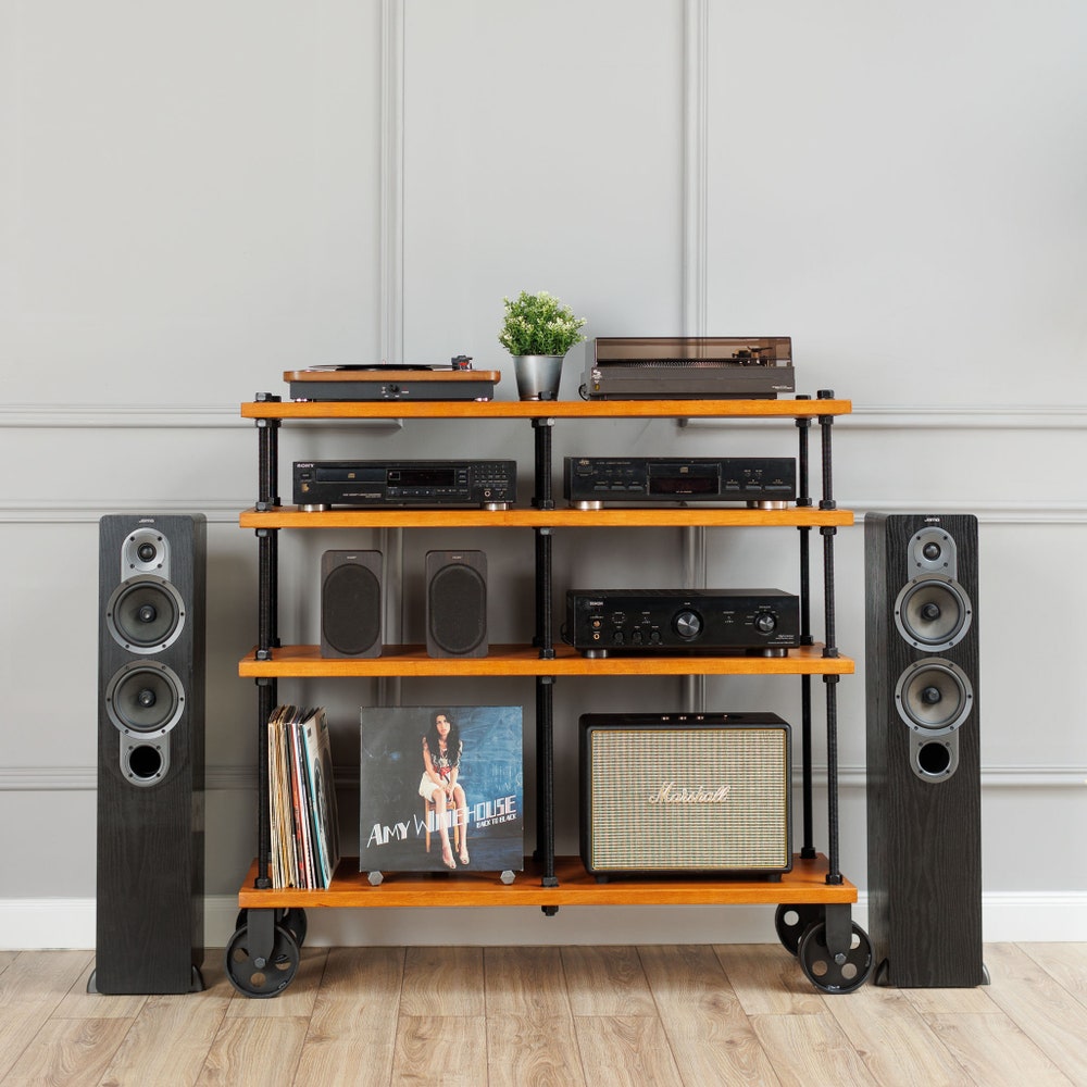 Registered design stand, 4 Tier Threaded Rods Double stand, LP Turntable Storage, Record Player Stand, Industrial Vinyl Table