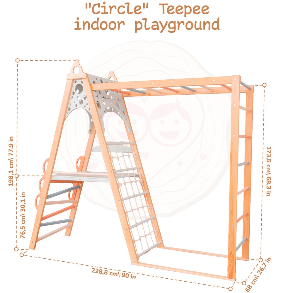 78x90" Up to 8 Years Climbing Triangle Circle Teepee Playhouse with Montessori Climber Ladder & Optional Gymnastics Waldorf Accessories