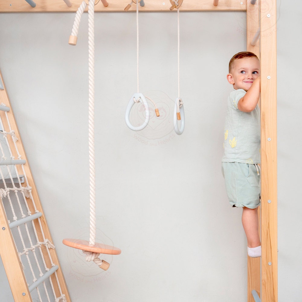 78x90" Up to 8 Years Circle Teepee Montessori Climber Toddler Tower with 2-Sided Wobble Board, Waldorf Rope Accessories & 2 Optional Playmat