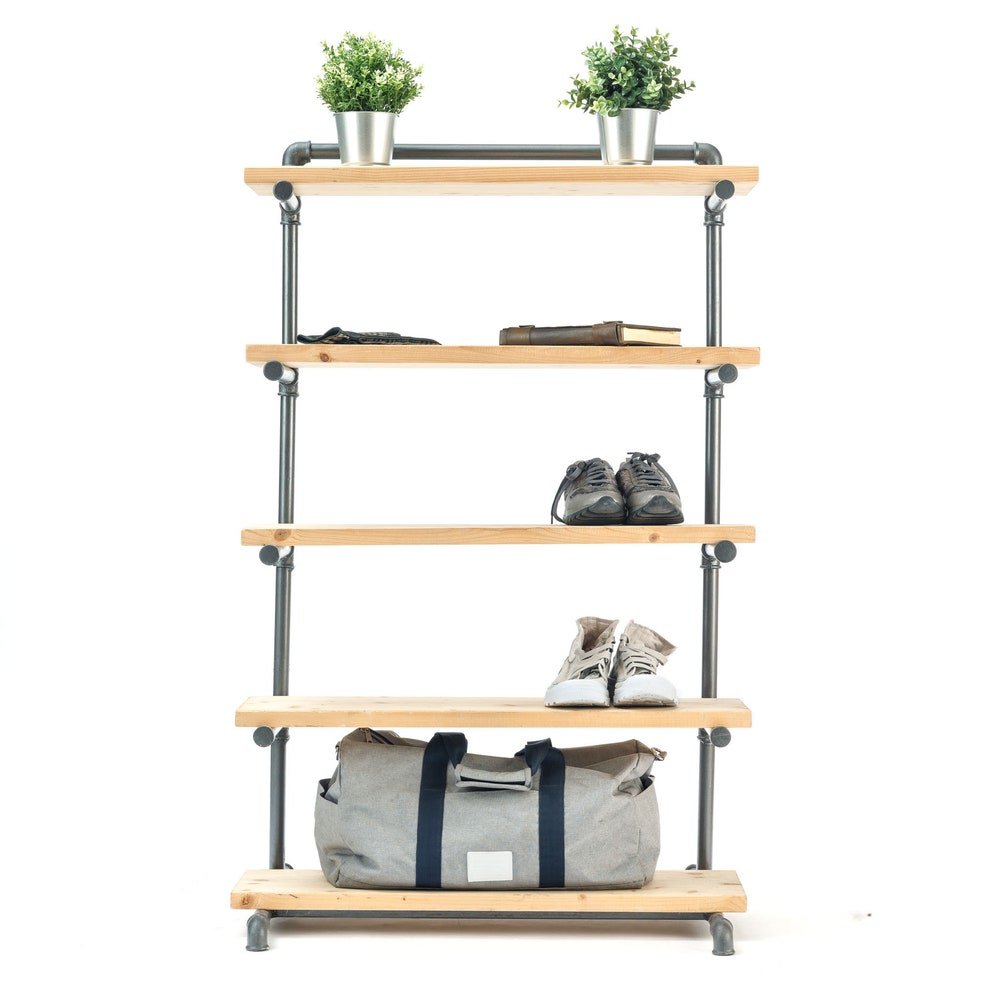 Industrial Shoe Rack Organizer With Five Shelves, Handmade Entryway Storage Bench For Shoes And Bags