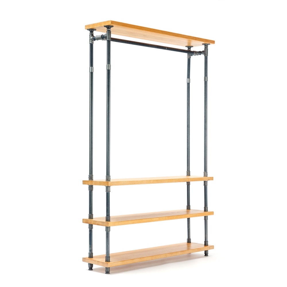 Rustic Industrial Garment Rack With Floating Wood Shelves And Pipe Frame
