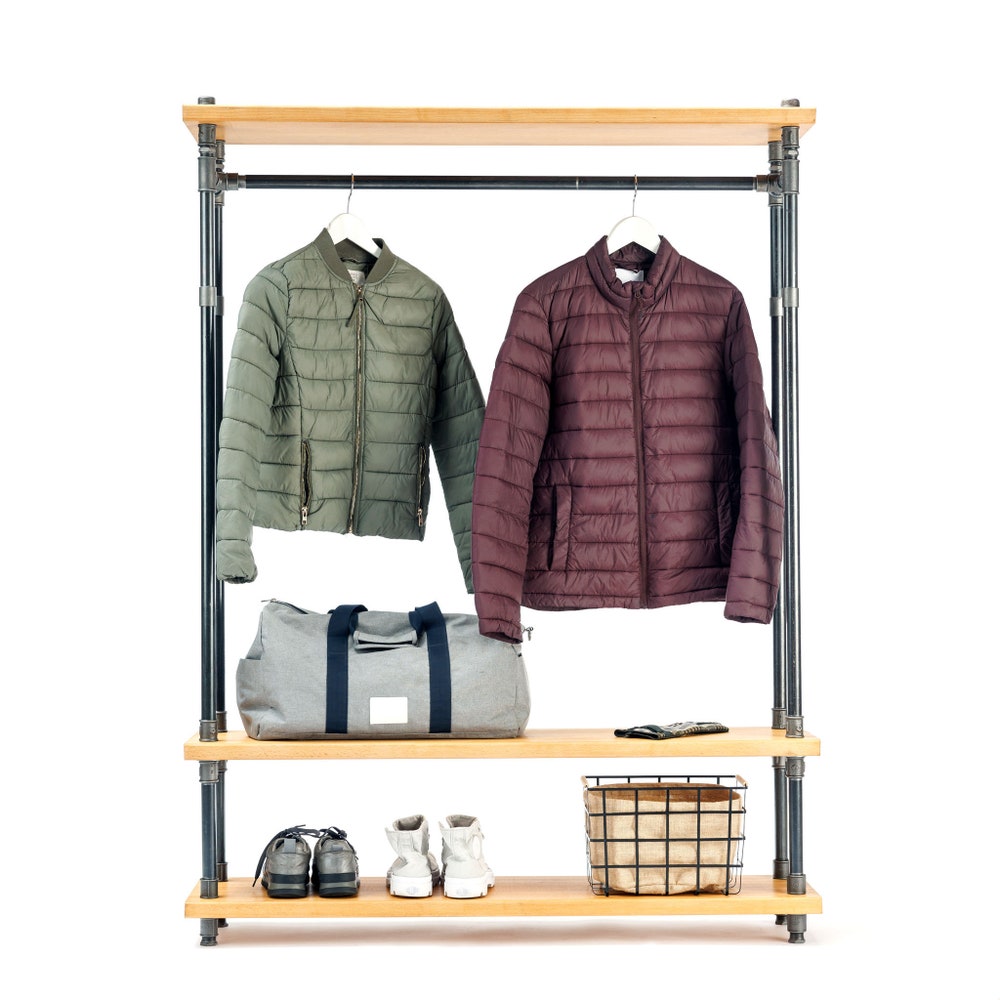 Rustic Industrial Garment Rack With Floating Wood Shelves And Pipe Frame