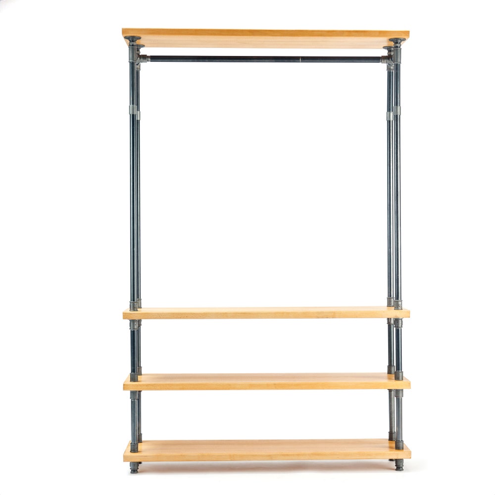 Rustic Industrial Garment Rack With Floating Wood Shelves And Pipe Frame